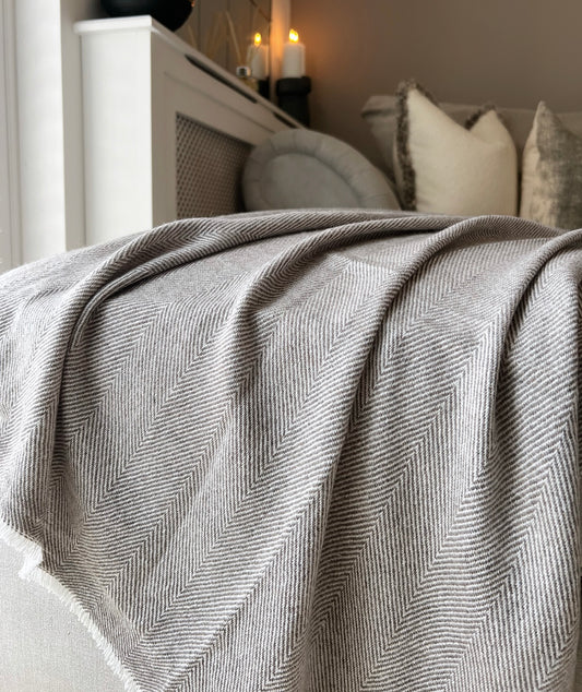 Oxford Cashmere Herringbone Blanket, Warm Grey